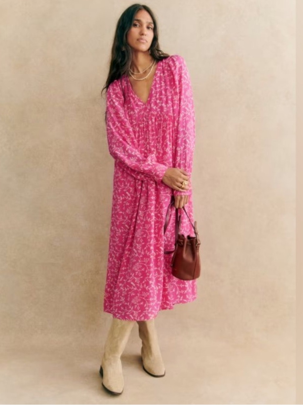 Sezane Nilla Midi Dress Pink Floral Long Sleeve Size 40 US 8